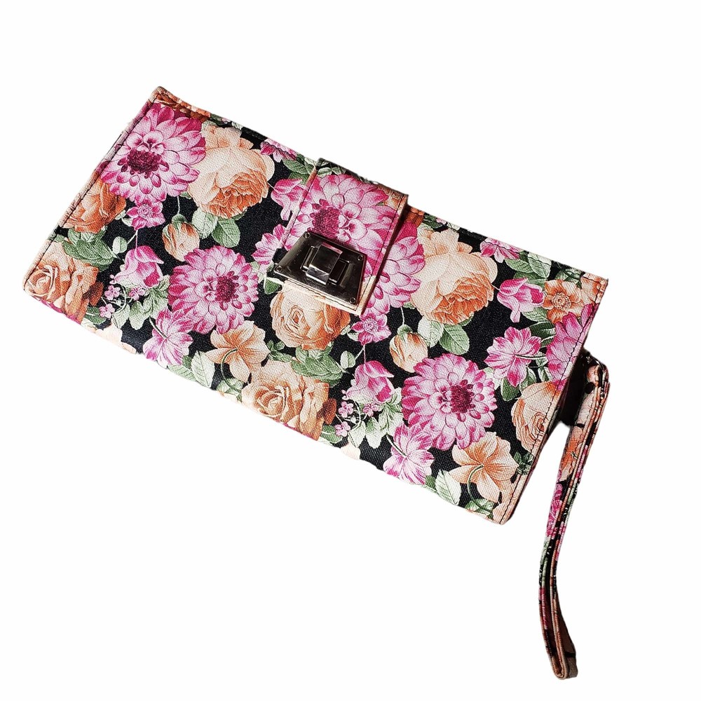 Floral Clutch Black Pink Orange Unbranded Medium size 12"x6"